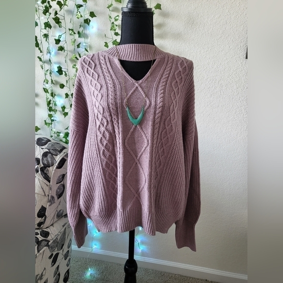 💚HP💚Steve Madden Keyhole Neck Cableknit Balloon Sleeve Sweater Lavender - Picture 1 of 7